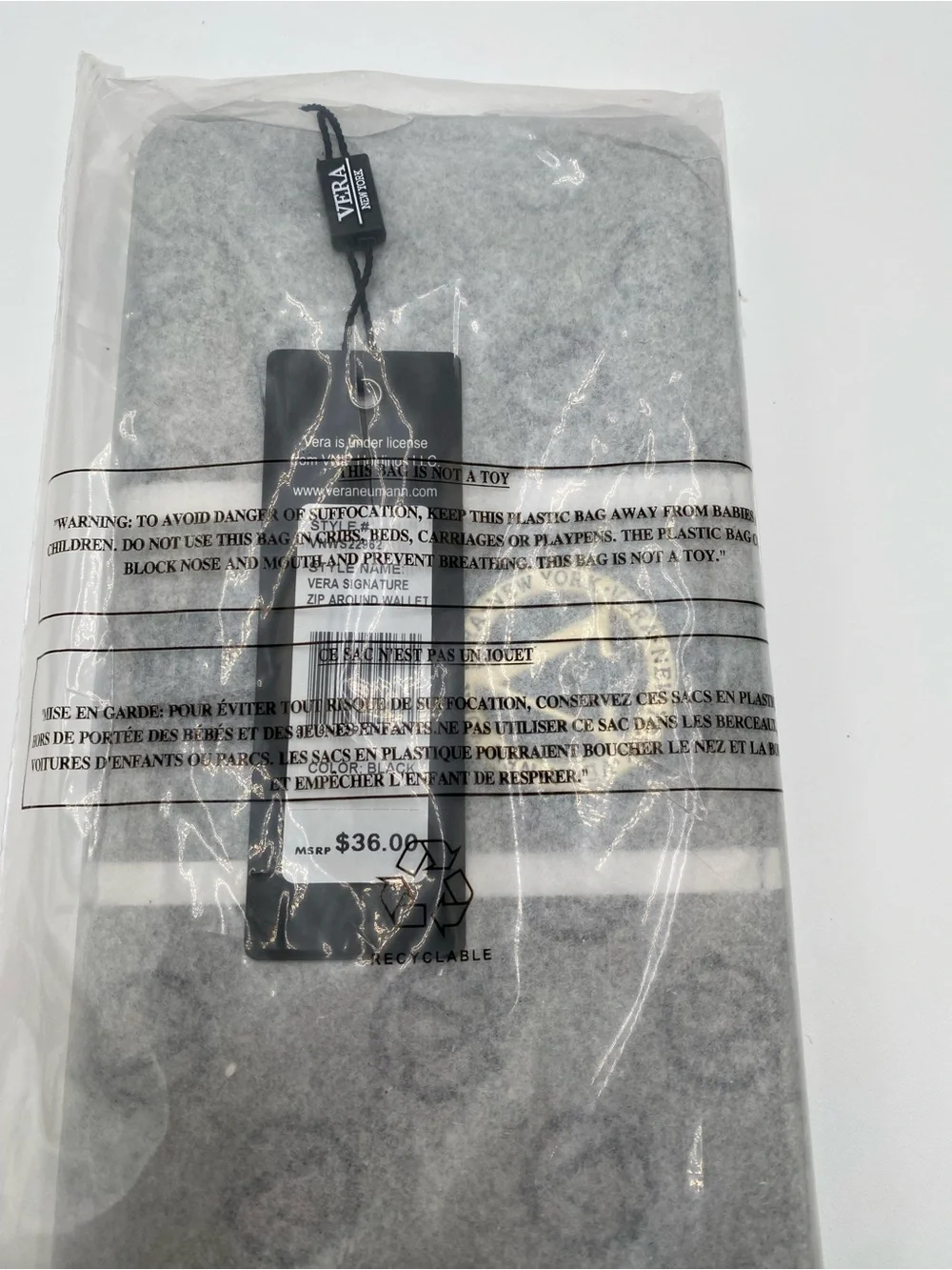 Vera New York Wallet Womens Black Signature Logo Zip Around Stripe New